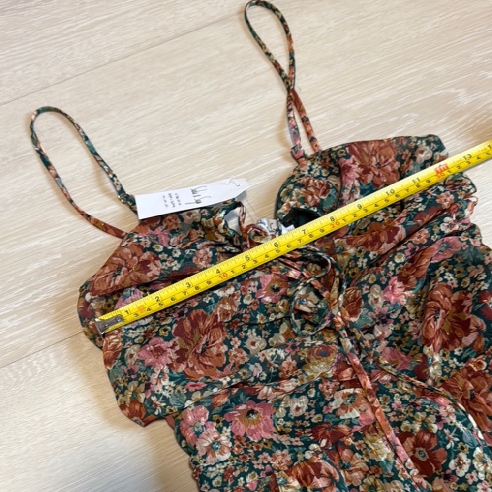 Sadie & Sage Floral Green Red Smocked Halter Midi Dress - Picture 5 of 12